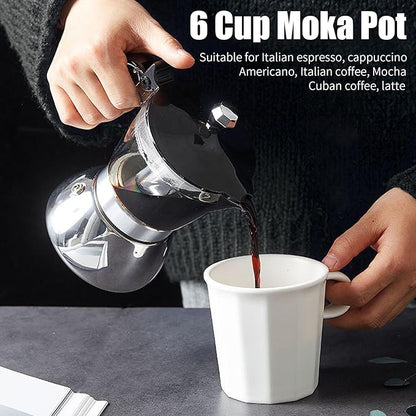 JUSTHERE 6 Cups Stainless Steel Coffee Pot Coffee Maker, Moka Pot Espresso Maker Premium Heat-Resistant Acrylic Top Stainless Steel Moka Pot, Stovetop Espresso Maker for Home