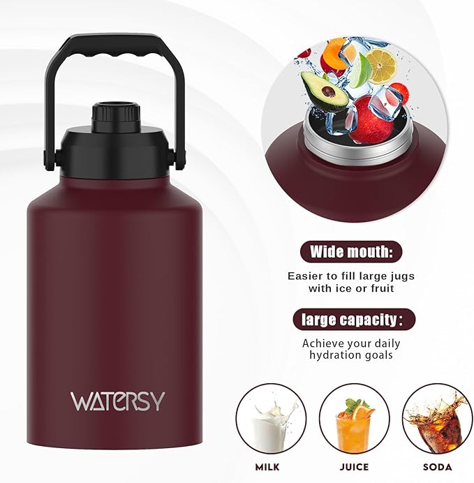 Half Gallon Water Bottle Insulated(Cold for 48 Hrs),BPA Free&Leak Proof,64oz Stainless Steel Water Jug/Flask,Big thermo,Large Water Bottle with Handle for Gym,Hiking,Camping,Brick Red