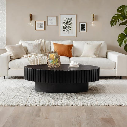 Handmade Oval Grooved Drum-Shaped Coffee Table、Rustic Modern Circular Centerpiece for Living Room & Farmhouse Decor、Easy to Clean (C Black 43in)