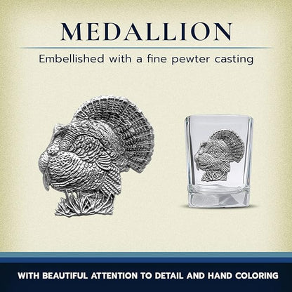 Heritage Pewter Turkeys Square Shot Glass | Hand-Sculpted 1.5 Ounce Shot Glass | Intricately Crafted Metal Pewter Inlay
