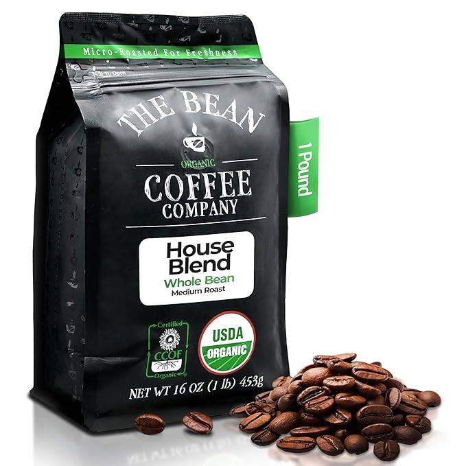 The Bean Organic Coffee Company House Blend, Medium Roast, Whole Bean Coffee, 16-Ounce Bag