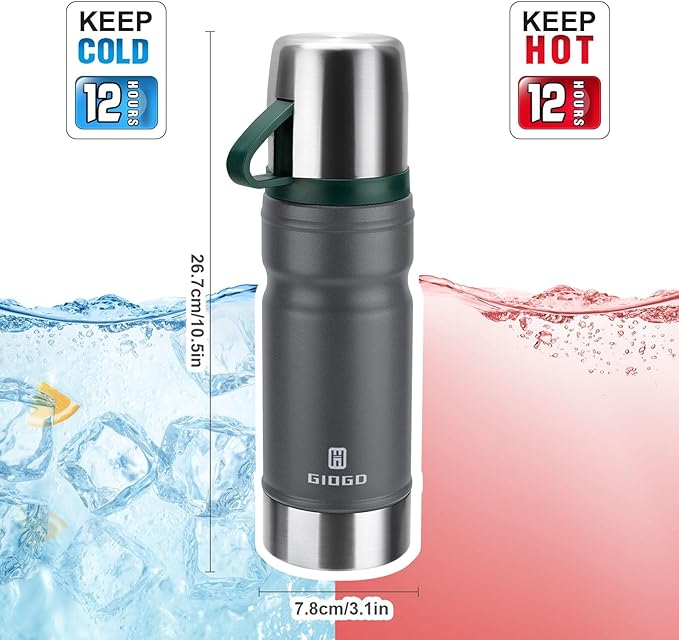 Vacuum Insulated Water Bottle Thermo Water Flask with Cup 680ml/23oz Stainless Steel Thermal Water Bottles Thermo for Hot and Cold Drinks Coffee Water(Dark Grey,Single)