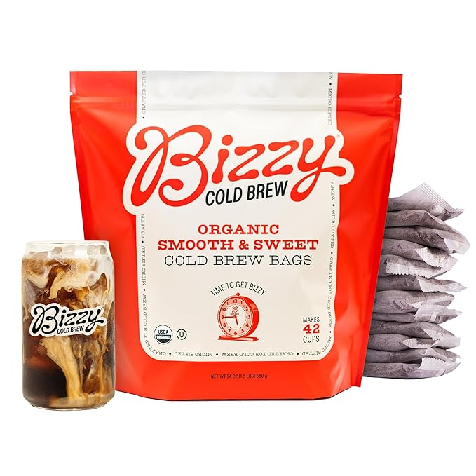 Bizzy Organic Cold Brew Coffee | Smooth & Sweet Blend | Coarse Ground Coffee | Medium Roast | Micro Sifted | Specialty Grade | 100% Arabica | Brew Bags | 12 Count | Makes 42 Cups
