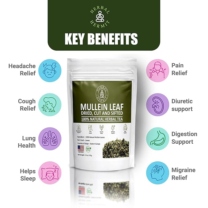 Herbal Hermit Mullein Leaf Tea (3 oz/85 grams) Herb for Respiratory Support, Mucous Membranes, Lung Cleanse Dried Leaves Blend, Cut and Sifted Made in USA