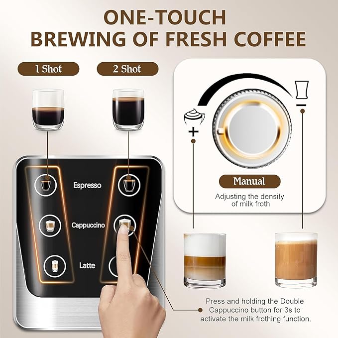 Espresso and Cappuccino Machine 20 Bar, Latte Machine with Automatic Milk Frother, Espresso Maker in Stainless Steel Design,1350W Coffee Maker with Touchscreen for Home (Silver)