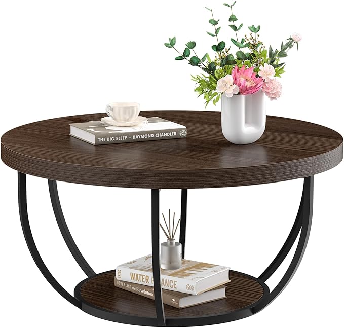 Round Coffee Table, 31" Coffee Table for Living Room Decor, 2-Tier Storage with Steel Frame, Space-Saving Wood Center Table, Modern Style Easy Assembly (Dark Coffee)