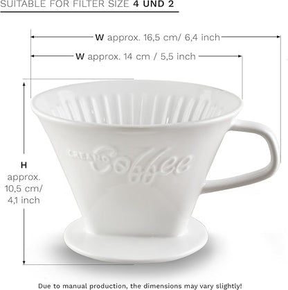 Creano Porcelain Coffee Dripper - White - Ceramic Cone Brewer - Pour Over Coffee Maker for Filter Bags Size 4 - Easy Manual Brew for pure taste - also for Camping, Hiking