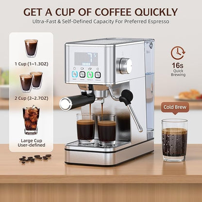 Espresso Machine 20 Bar, Stainless Compact Espresso Maker with Steam Milk Frother, 57.5OZ Water Tank, Touch Screen Indicator of Making Time, for Latte, Cappuccino, Silver (2025 updated model)