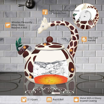 Whistling Tea Kettle for Stove Top Enamel on Steel Teakettle, Supreme Housewares Giraffe Design Teapot Water Kettle Cute Kitchen Accessories Teteras (2.1 Quart, Giraffe)