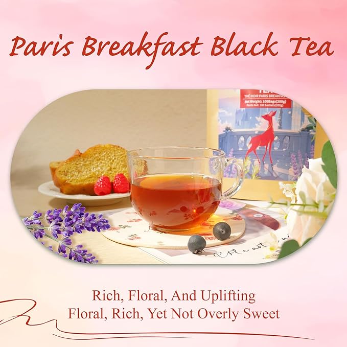 WT WEETEE Paris Breakfast Black Tea,100 Count Paris Black Tea Bags, Bergamot and Vanilla Flavored Black tea with Lavender