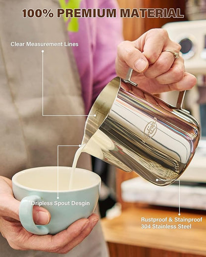 12oz Milk Frothing Pitcher, Stainless Steel Frother Cup with Scale & Latte Art Pen, Barista Milk Frother Cup for Latte, Cappuccino, Coffee Drinks