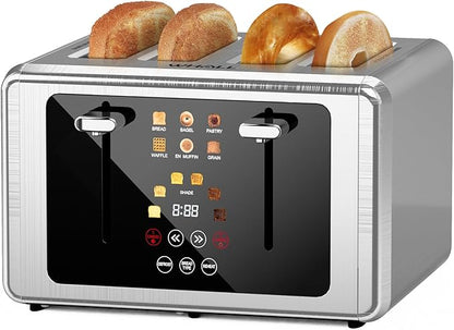 whall 4 Slice Touch Screen Toaster, Stainless Steel Toasters Digital Timer, Dual Control Panel Toasters，6 Shade Settings＆6 Bread Types, Smart Wide Slots, Bagel, Cancel, Defrost,Flat lever Stainless