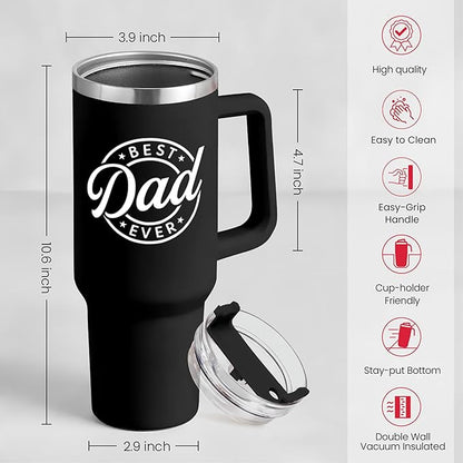 SANDJEST Best Dad Ever Tumbler with Handle - 40oz Stainless Steel Insulated - Dad Gifts for Daughter & Son - Coffee Tumbler for Father's Day, Birthday, Christmas - Cup Gift Set with Lid & Straw
