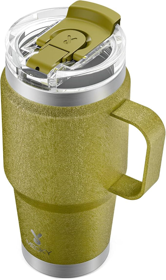 Meoky 24oz Travel Mug, Triple Insulated Stainless Steel Tumbler with Handle and 2-in-1 Straw and Sip Lid, 100% Leak Proof, Keeps Cold for 24 Hours or Hot for 8 Hours, Cupholder Friendly (Forest)