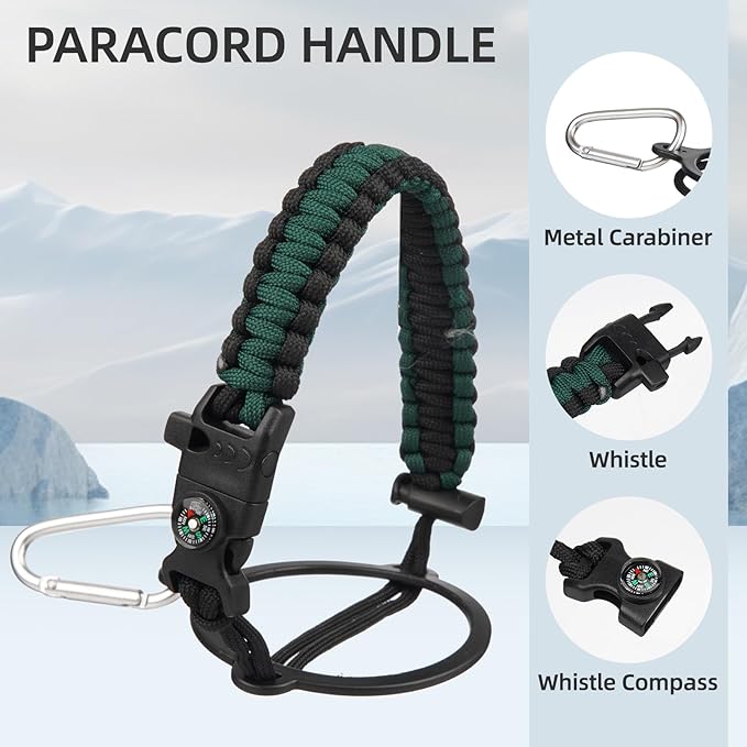 Half Gallon Insulated Water Bottle with Straw,64 oz 3 Lids Water Jug with Carrying Bag,Paracord Handle,Double Wall Vacuum Stainless Steel Metal Flask,Dark Green