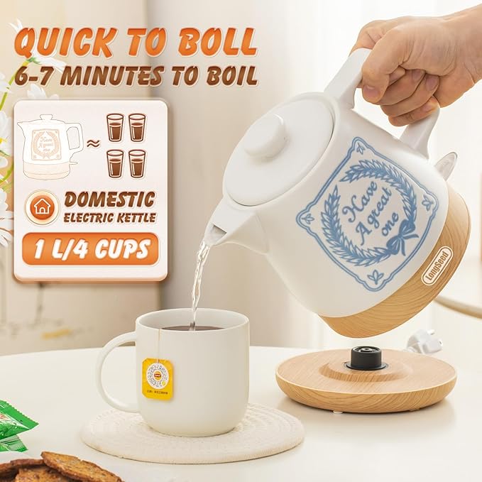 Ceramic Kettle Electric White 1.0 Liter, 1000 Watts Hot Water Boiler Teapot Fast Boil For Coffee & Tea, Automatic Shut-off, BPA-Free, Boil-Dry Protection