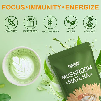 Mushroom Matcha with 6 Adaptogenic Mushrooms and Ceremonial-Grade Matcha, MCT Oil, Coconut Milk Powder for Better Energy, Focus, Digestion and Immunity, 30 servings