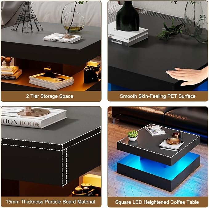 Black LED Coffee Table for Living Room, Living Room Table 2-Tier Square Middle Center Table, Modern Coffee Tables with Storage, Wood Tea Tables for Dining Reception, Skin Feeling