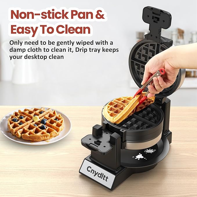 Double Waffle Maker, 1400W Rotating Belgian Waffle Iron with Nonstick Plates, 180° Flip, 8-Slice, Removable Drip Tray, Locking Lid & Cool Touch Handles, Stainless, Black
