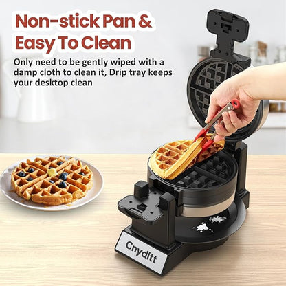 Double Waffle Maker, 1400W Rotating Belgian Waffle Iron with Nonstick Plates, 180° Flip, 8-Slice, Removable Drip Tray, Locking Lid & Cool Touch Handles, Stainless, Black