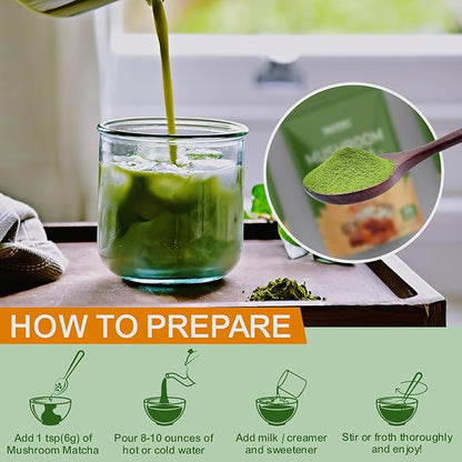 Mushroom Matcha with 6 Adaptogenic Mushrooms and Ceremonial-Grade Matcha, MCT Oil, Coconut Milk Powder for Better Energy, Focus, Digestion and Immunity, 30 servings