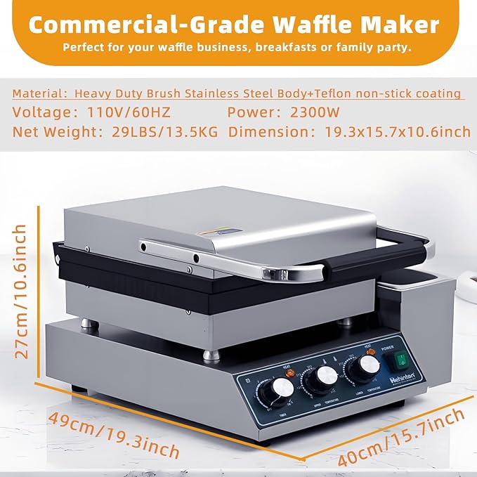 Hehinton® Commercial Waffle Maker, 110V 2300W Belgian Waffle Maker with Oil Grooves and Drip Tray, Heavy Duty Stainless Steel Body, Nonstick Waffle Iron Perfect for Home Kitchen Restaurant