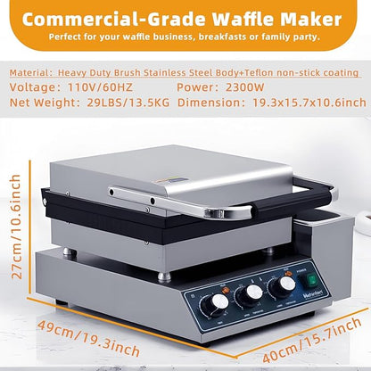 Hehinton® Commercial Waffle Maker, 110V 2300W Belgian Waffle Maker with Oil Grooves and Drip Tray, Heavy Duty Stainless Steel Body, Nonstick Waffle Iron Perfect for Home Kitchen Restaurant