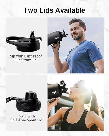 Trebo 64 oz Water Bottle Insulated with Handle, Half Gallon Stainless Steel Metal Large Water Jug, Travel Flask with Straw Spout Lid, Wide Mouth Mug with Carry Pouch, Keep Cold Hot, Black