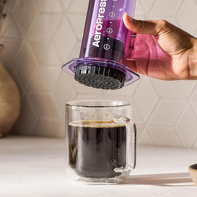 AeroPress Clear Purple Coffee Press – 3 In 1 Brew Method Combines French Press, Espresso, Full Bodied Coffee Without Grit or Bitterness, Small Portable Coffee Maker for Camping & Travel, Purple