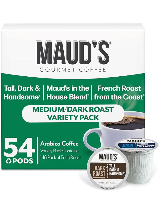 Maud's Dark Roast, Medium Roast & French Roast Coffee Pods Bundle, 54 ct, Recyclable Single Serve Pods – 100% Arabica Coffee, Compatible with Keurig K Cups Maker