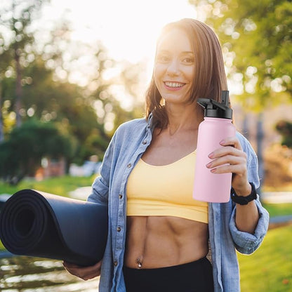 DOMICARE 32 oz Insulated Water Bottle, Vacuum Insulated Stainless Steel Sports Water Bottle with Straw Lid & Spout Lid, Leakproof, Reusable - Travel, Camping, Bike, Pink