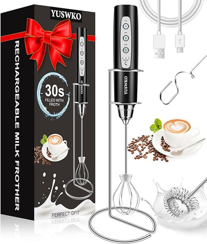 YUSWKO Milk Frother Handheld for Coffee with Stand, Rechargeable Drink Mixer with 3 Heads 3 Speeds Electric Coffee Frother Whisk, Gift for Many Occasions and Festival