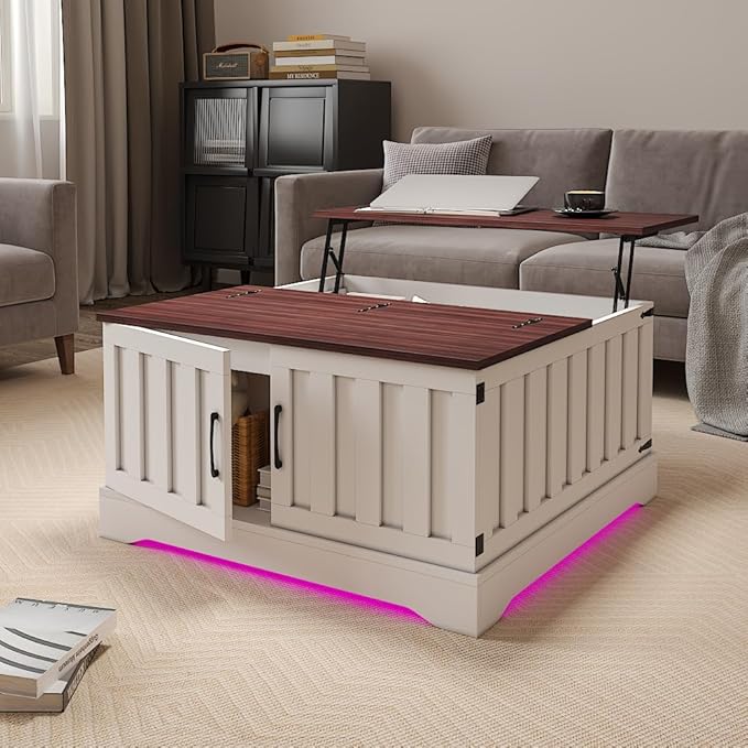31.5" Lift Top Coffee Table with Storage, Led Square White Coffee Table with Large Hidden Storage, Wood Living Room Table Center Table for Living Room Dining Reception Room