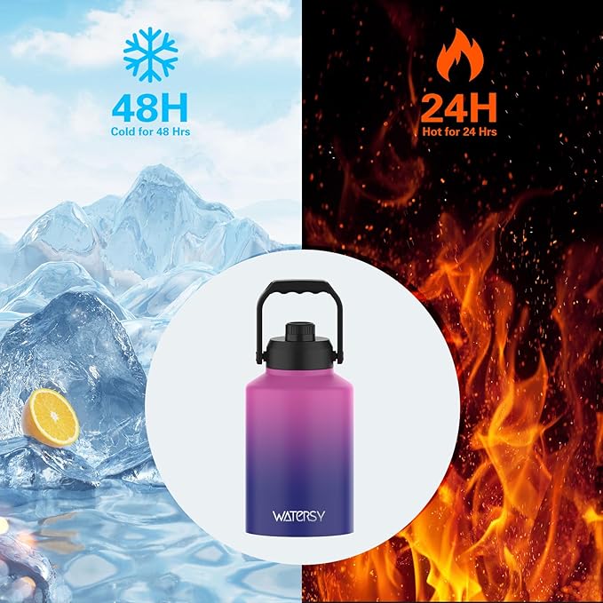 Half Gallon Water Bottle Insulated(Cold for 48 Hrs),BPA Free&Leak Proof,64oz Stainless Steel Water Jug/Flask,Big thermo,Large Water Bottle with Handle for Gym,Hiking,Camping,Gradient Purple