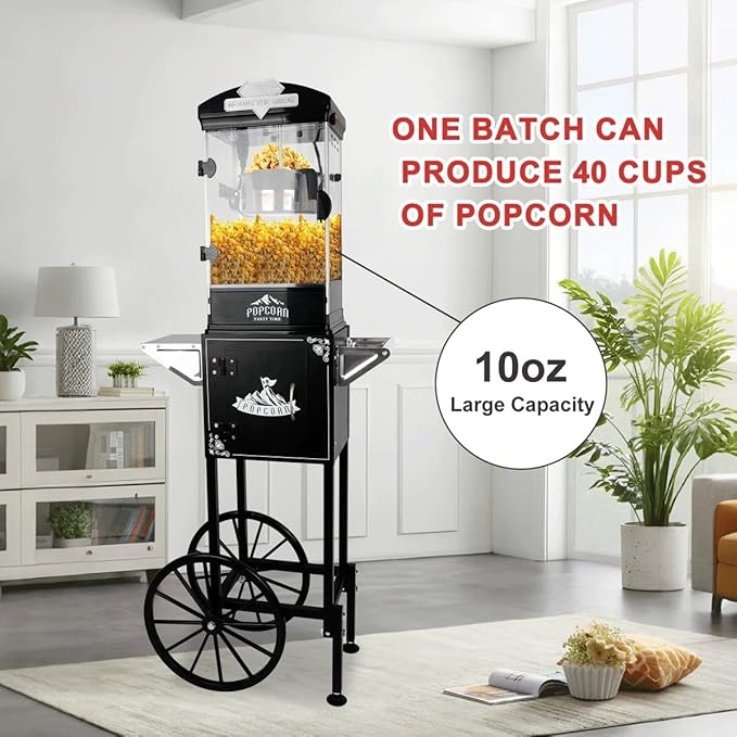 Portable Popcorn Machine with Cart & Wheels, 10 Oz Commercial Popcorn Maker with Kettle, Includes 3 Measuring Spoons for Home Theater, Parties, Events