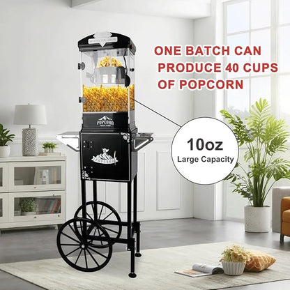 Portable Popcorn Machine with Cart & Wheels, 10 Oz Commercial Popcorn Maker with Kettle, Includes 3 Measuring Spoons for Home Theater, Parties, Events