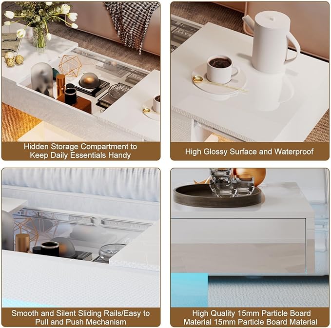 LED Coffee Table with Storage for Living Room, Living Room Table Rectangular Center Table, Modern High Glossy Wooden Coffee Tables with 16 Colors LED Lights for Dining Reception Room, White