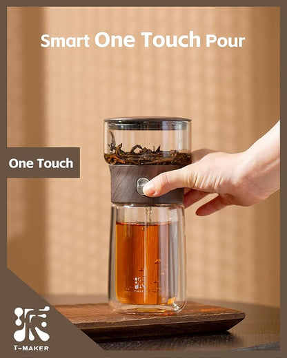 ZENS Modern Glass Infuser Teapot, One Touch Tea Maker for Loose Leaf Tea with Insulated Mug and Portable Case. Enchanted Pot Alternatives for Tea Lover Gifts