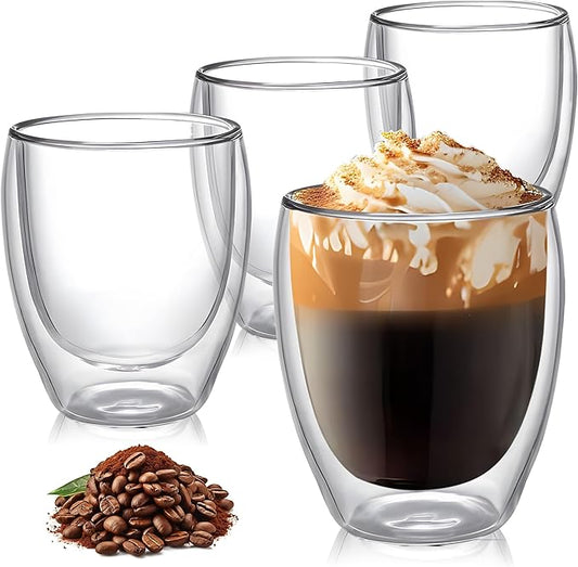 8 Ounces Set of 4 Double Walled Glass Coffee Mugs Insulated Layer Coffee Cups Borosilicate Glass Espresso Double Insulated Clear Glass Coffee Mug for Hot Beverages