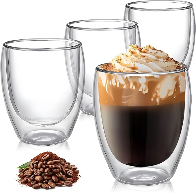 8 Ounces Set of 4 Double Walled Glass Coffee Mugs Insulated Layer Coffee Cups Borosilicate Glass Espresso Double Insulated Clear Glass Coffee Mug for Hot Beverages