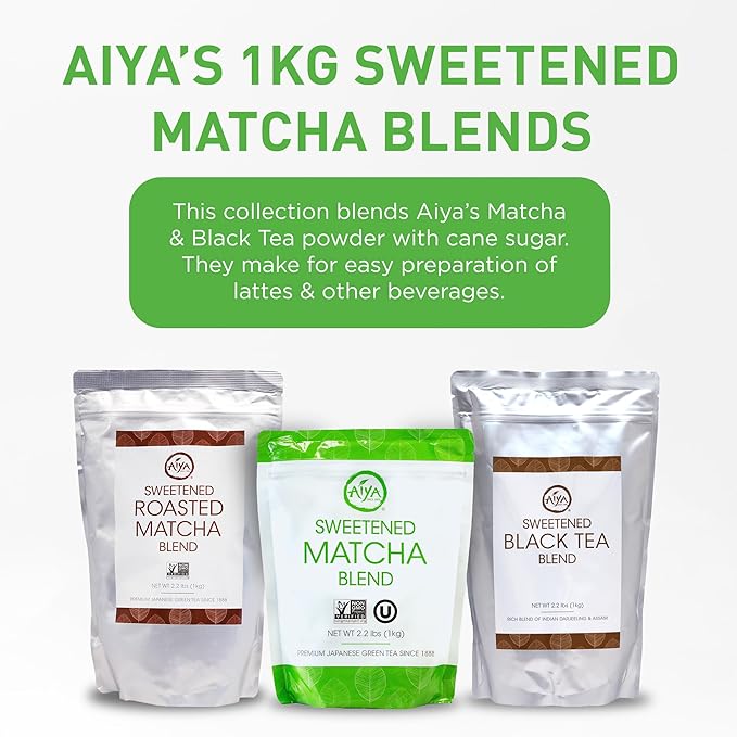 Aiya Sweetened Matcha Blend Powder - Matcha Latte Powder With Antioxidant-Rich Japanese Green Tea & Pure Cane Sugar - Ideal for Smoothies, Lattes, and Culinary Creations - 1kg Bag (2.2 lbs)