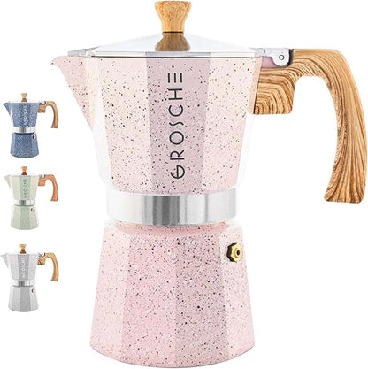 GROSCHE Milano Moka pot, Stovetop Espresso maker, Greca Coffee Maker, Stovetop coffee maker and espresso maker percolator (Pink, 6 cup)