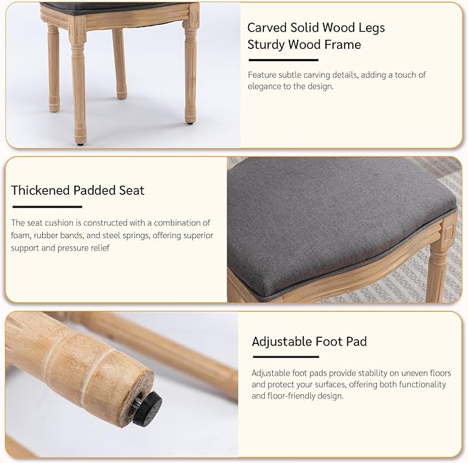 French Country Dining Chairs Set of 6, Vintage Wooden Dining Chairs with Fabric Upholstered Seat&Oval Backrest,Solid Wood Legs&Frame, Farmhouse Kitchen&Living Room Chairs(Dark Gray,6 Pcs)