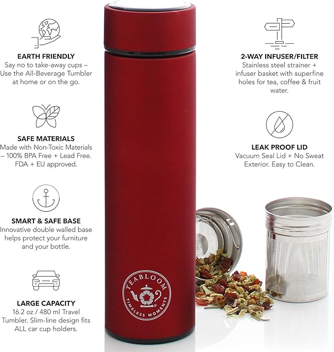 Teabloom ORIGINAL All-Purpose Beverage Tumbler - 16 oz - 480 ml - Brushed Metal Insulated Water Bottle/Tea Flask/Cold Brew Coffee Mug - Extra-Fine Two-Way Infuser Travel Bottle - Ruby Red
