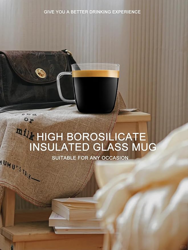 LUXU Premium Large Glass Coffee Mugs(Set of 2)-24 oz,Wide Mouth Hot or Cold Beverage Mugs,Modern Simplicity Glass Tea Coffee Cups-Big Capacity with Comfortable Handle for Home and Office-Clear