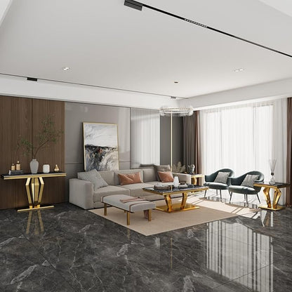 4 Piece Black and Gold Living Room Table Set 1Coffee+2End+1Console