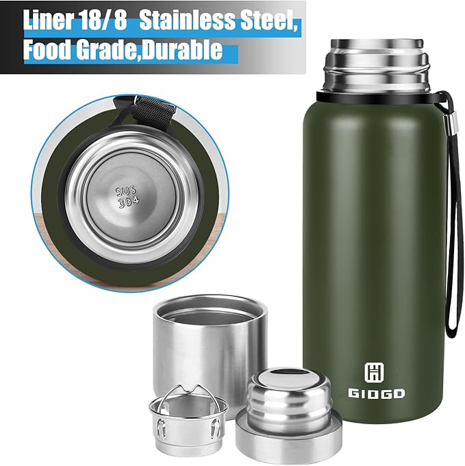 Insulated vacuum Thermo Bottle 500ml/16.9oz with cup Stainless steel coffee bottles for hot and cold drink water flask.(Green,500ml)