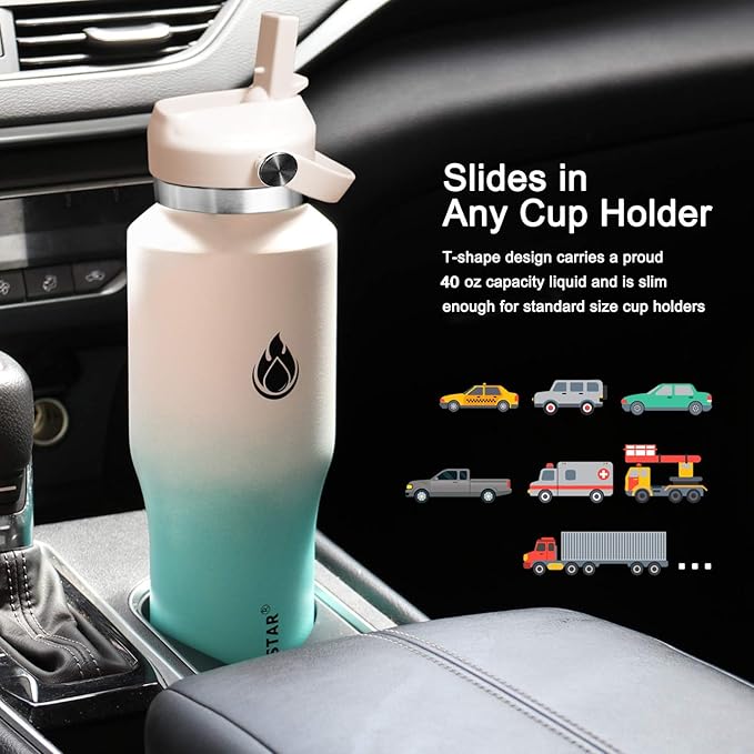 SENDESTAR SENDESTAR 40oz Stainless Steel Water Bottle(Cold for 48 Hrs, Hot for 24 Hrs),Double Wall Vacuum Insulated Bottle with Straw Lid, Spout Lid and Flex Cap, Fit in Any Car Cup Holder