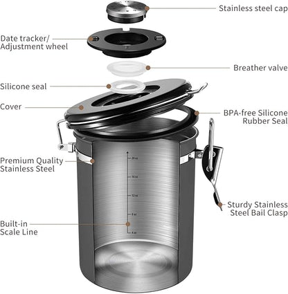 Veken Coffee Canister, Airtight Stainless Steel Kitchen Food Storage Container with Date Tracker and Scoop for Grounds Coffee, Beans, Tea, Flour, Cereal, Sugar, 22OZ, Gray