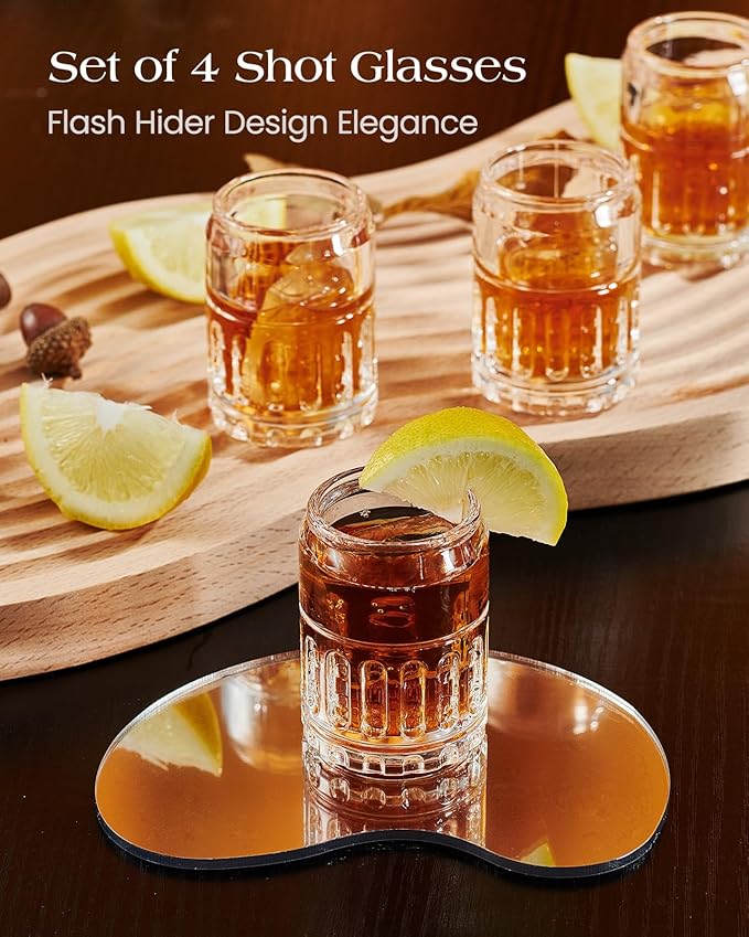 Kollea Father’s Day Shot Glasses, Flash Hider Shaped Clear Shot Glasses Set of 4 with Heavy Base, Shot Cups for Whiskey, Tequila, 21st Birthday Gifts for Men Dad, Military Fan, Men Cave Decor, 1.35 Oz